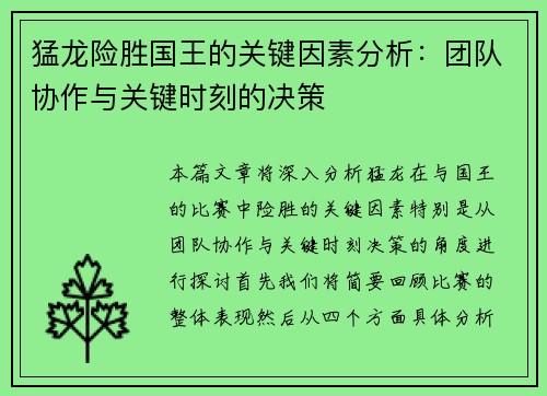 猛龙险胜国王的关键因素分析：团队协作与关键时刻的决策