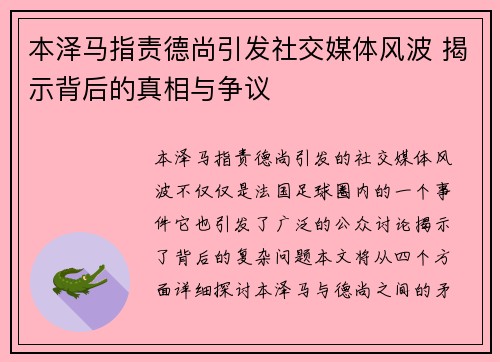本泽马指责德尚引发社交媒体风波 揭示背后的真相与争议